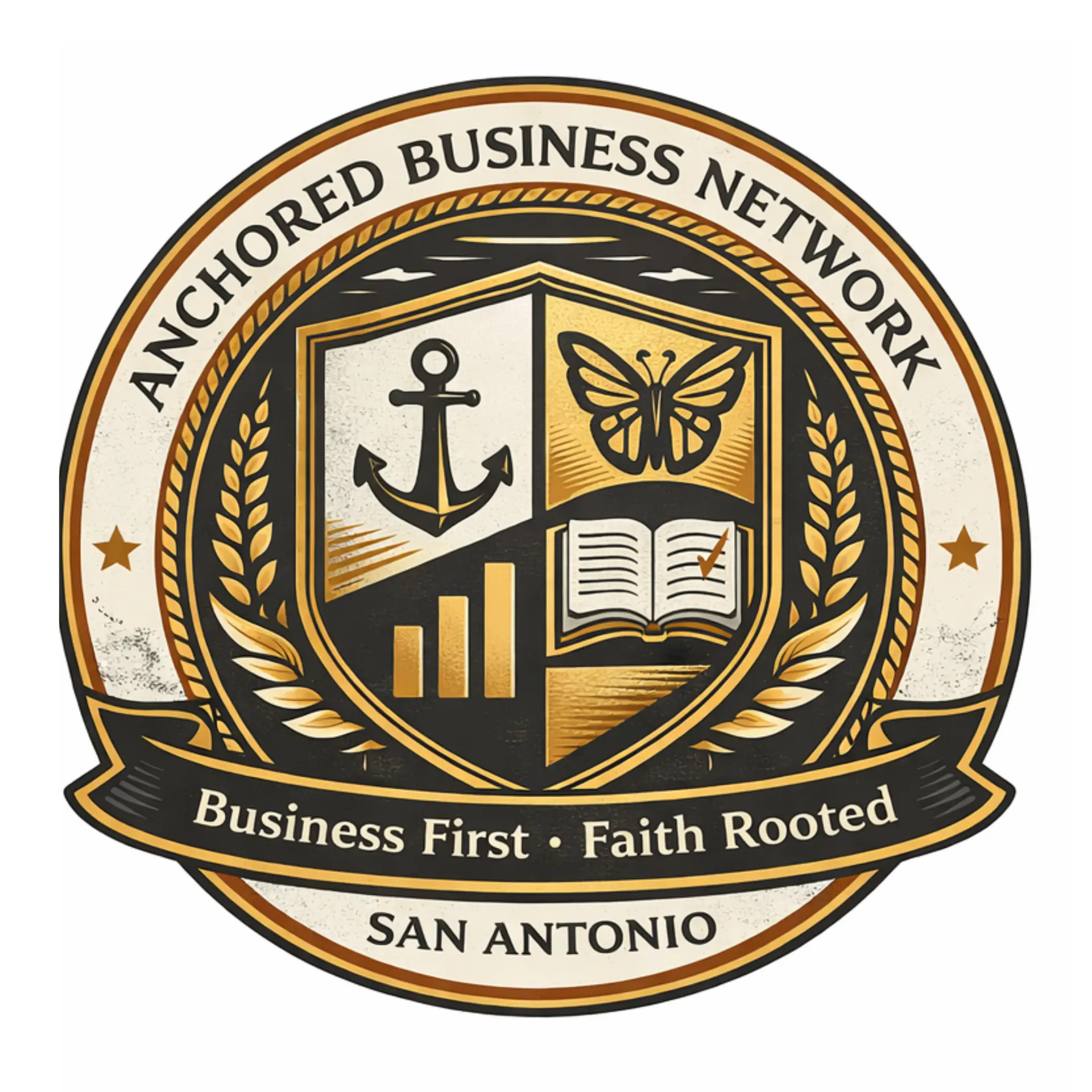 Anchored Business Network crest: anchor, butterfly, growth chart and open Bible — Business First, Faith Rooted, San Antonio